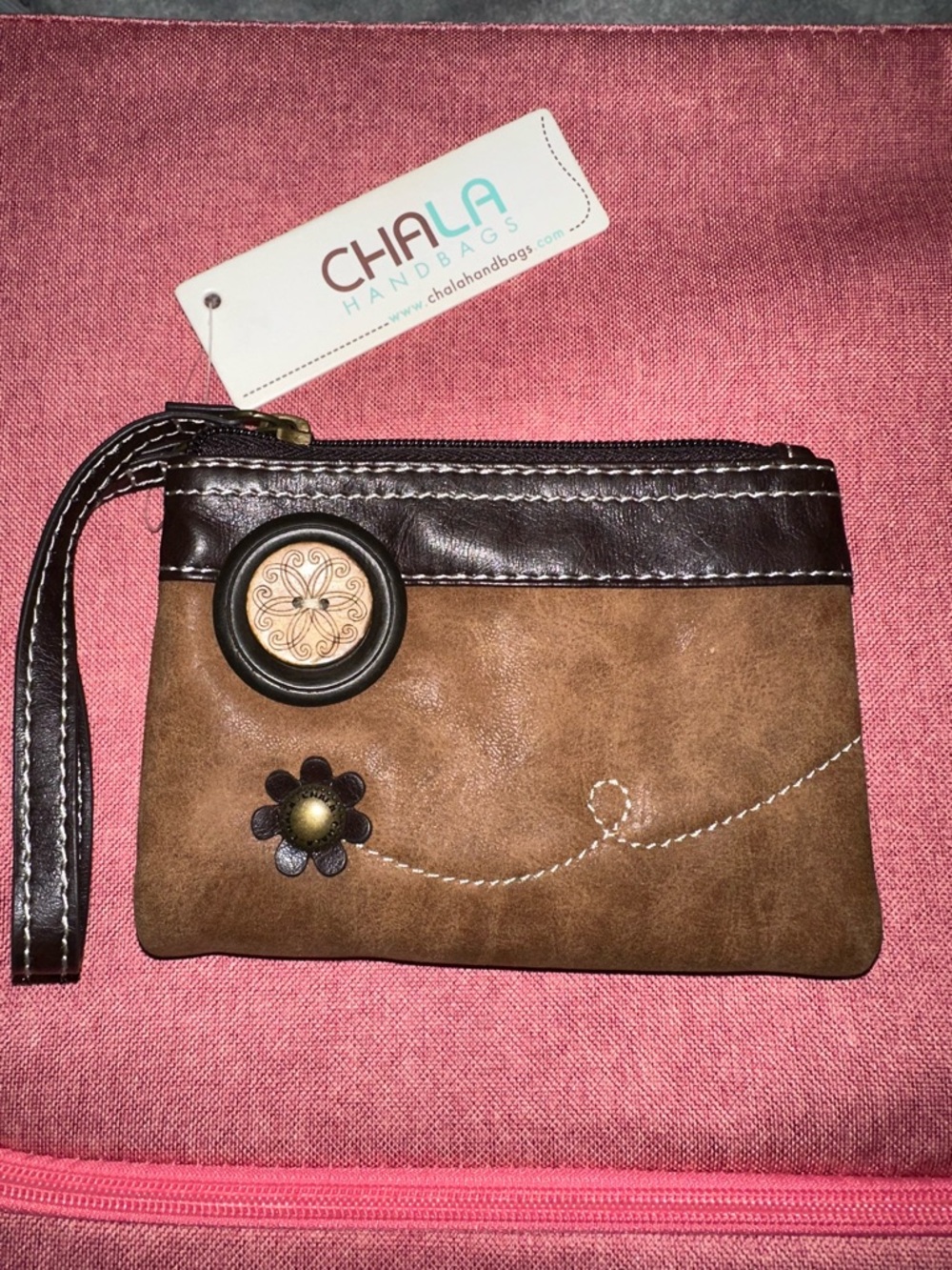 Chala Brown Two-Tone Floral Wristlet with Button Accent